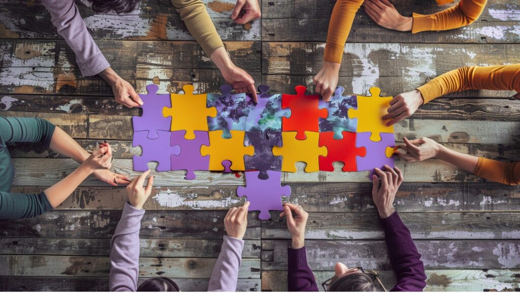 A diverse group of people collaborating to assemble a colorful puzzle, symbolizing cross-functional teamwork.